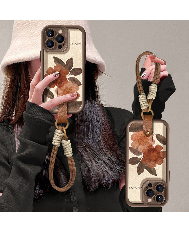 Oil Painting Lanyard Lambskin Silicone Phone Case