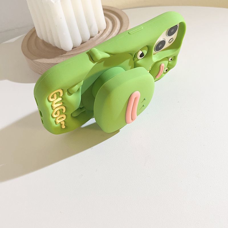 Cute Cartoon Green Frog Retractable Bracket Soft Rubber iPhone Shell