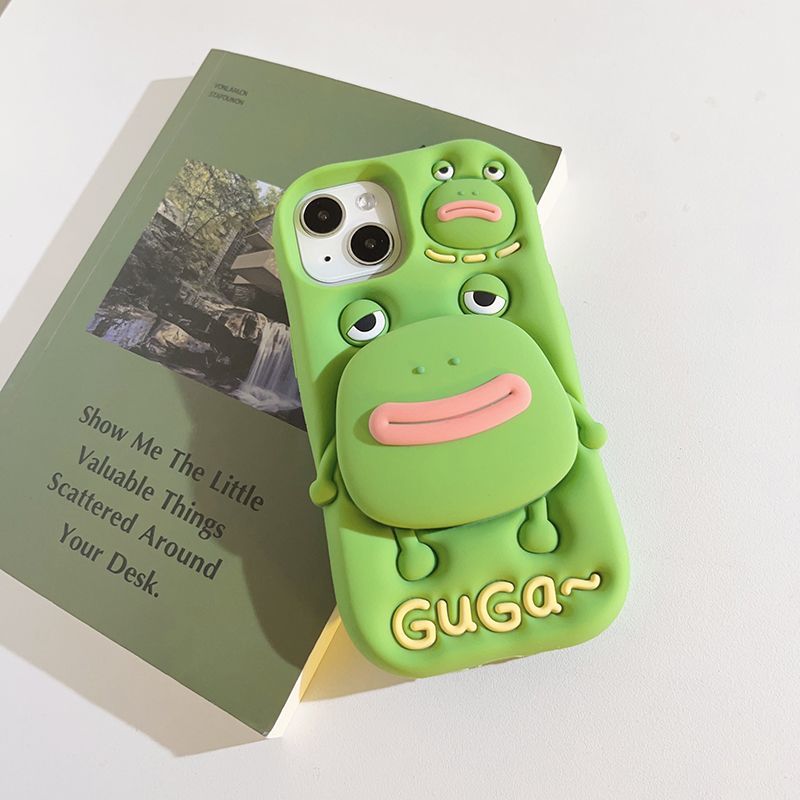 Cute Cartoon Green Frog Retractable Bracket Soft Rubber iPhone Shell