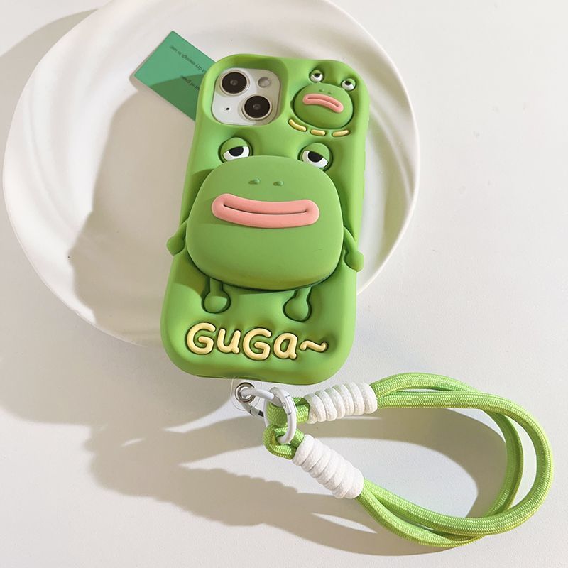 Cute Cartoon Green Frog Retractable Bracket Soft Rubber iPhone Shell