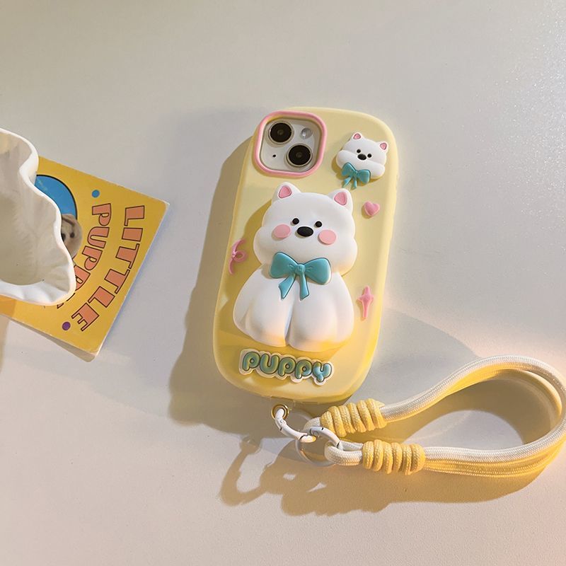 Yellow White Bear Retractable Bracket Silicone iPhone Case