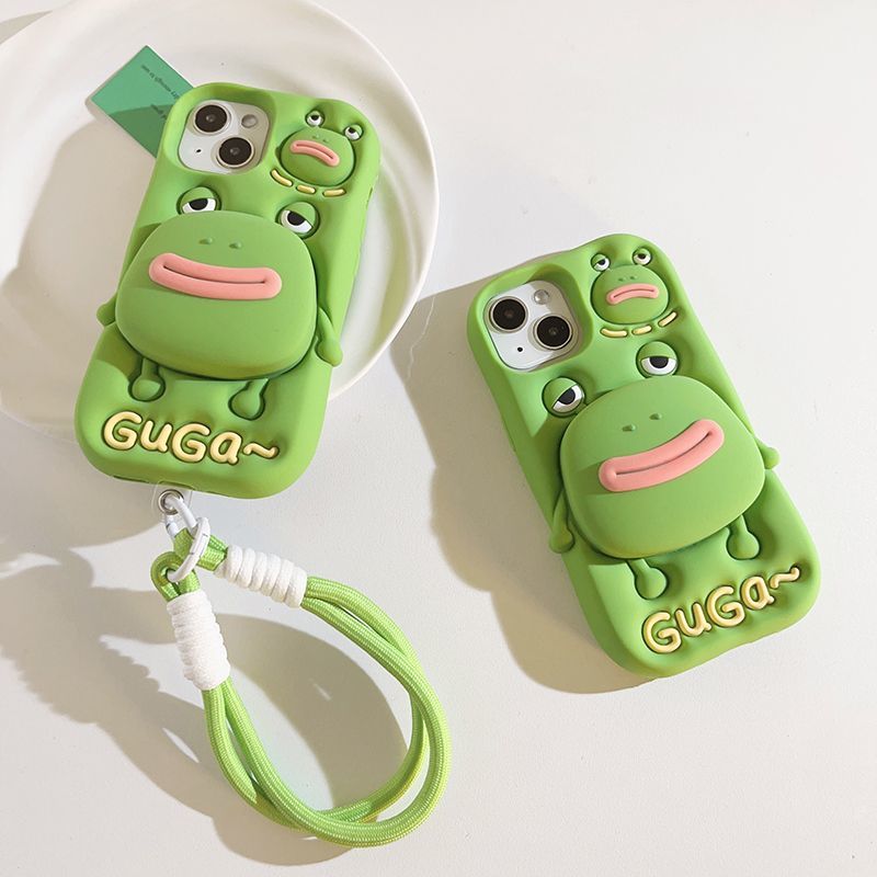 Cute Cartoon Green Frog Retractable Bracket Soft Rubber iPhone Shell