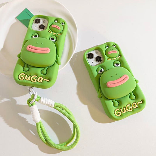 Cute Cartoon Green Frog Retractable Bracket Soft Rubber iPhone Shell