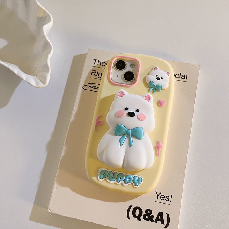 Yellow White Bear Retractable Bracket Silicone iPhone Case